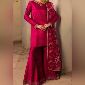 NEW 3 Piece Pakistani Desi Cotton Silk Magenta Women's Embroidered Outfit Medium